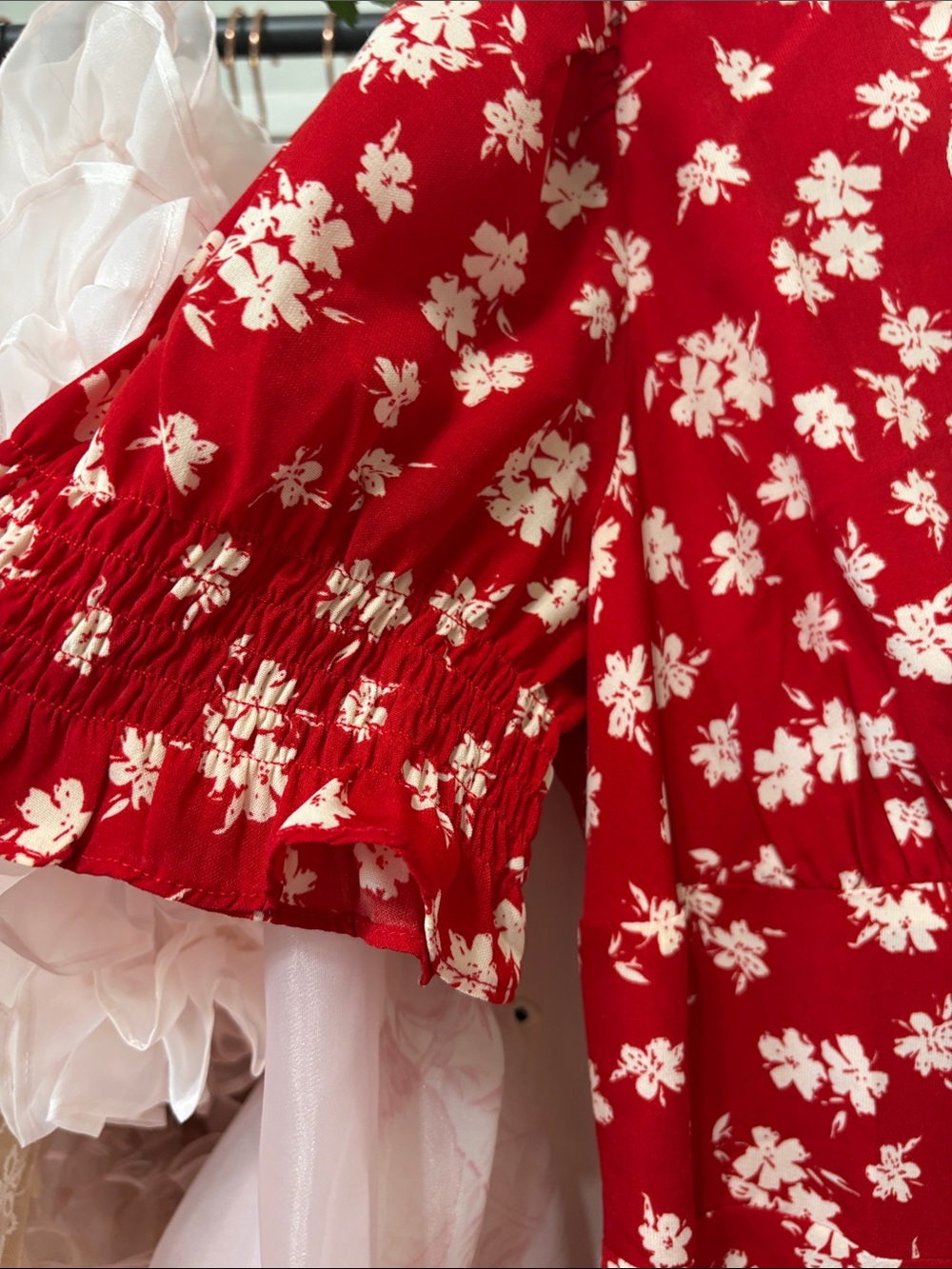 Red Floral Midi Dress with Lace V-Neck - Picture 3 of 5